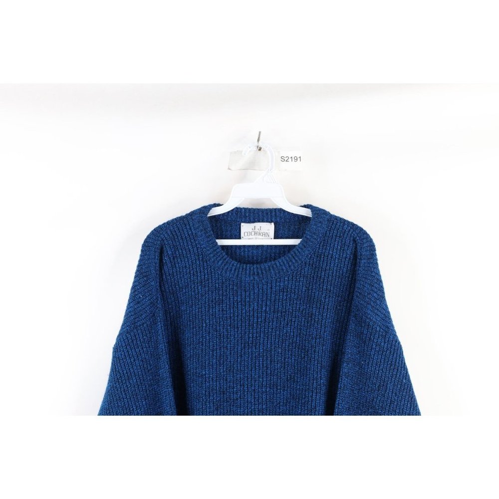 Vintage 70s Streetwear Mens Large Blank Ribbed Knit Crewneck Sweater Blue USA - Picture 2 of 7